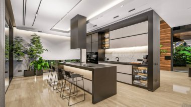 3d rendering of modern cozy interior with living,dining zone stair and kitchen for sale or rent with wood plank by the sea or ocean. Spacious apartments with expensive furniture,equipment and flowers