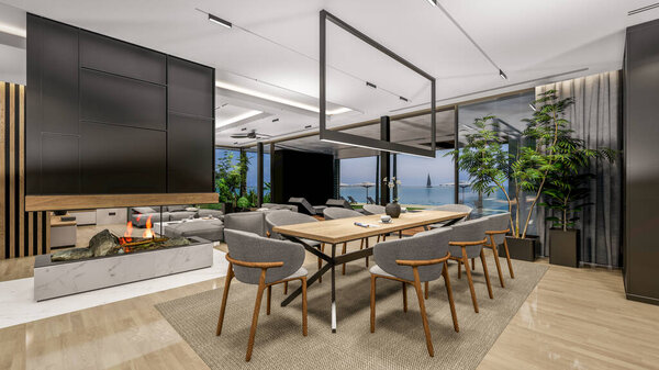 3d rendering of modern cozy interior with living,dining zone stair and kitchen for sale or rent with wood plank by the sea or ocean. Spacious apartments with expensive furniture,equipment and flowers