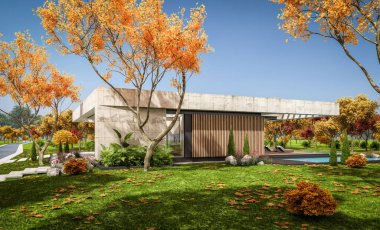 Modern tarzda yeni beton bir ev, havuz, park yeri ya da kira ve arka planda güzel bir peyzaj. Evin sadece bir katı var. Altın yapraklı güneşli bir sonbahar günü.