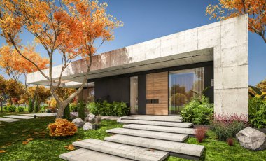 Modern tarzda yeni beton bir ev, havuz, park yeri ya da kira ve arka planda güzel bir peyzaj. Evin sadece bir katı var. Altın yapraklı güneşli bir sonbahar günü.