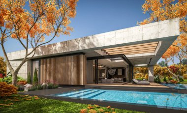 Modern tarzda yeni beton bir ev, havuz, park yeri ya da kira ve arka planda güzel bir peyzaj. Evin sadece bir katı var. Altın yapraklı güneşli bir sonbahar günü.