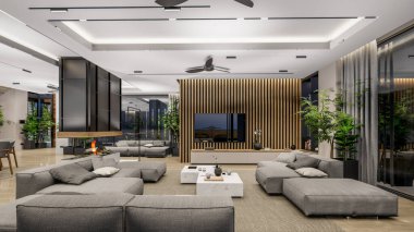 3d rendering of modern cozy interior with living,dining zone stair and kitchen for sale or rent with wood plank by the sea or ocean. Spacious apartments with expensive furniture,equipment and flowers