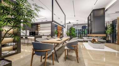 3d rendering of modern cozy interior with living,dining zone stair and kitchen for sale or rent with wood plank by the sea or ocean. Spacious apartments with expensive furniture,equipment and flowers