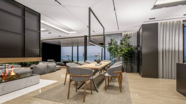 3d rendering of modern cozy interior with living,dining zone stair and kitchen for sale or rent with wood plank by the sea or ocean. Spacious apartments with expensive furniture,equipment and flowers