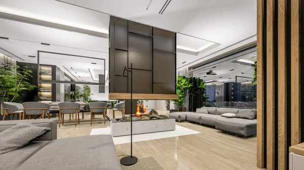 3d rendering of modern cozy interior with living,dining zone stair and kitchen for sale or rent with wood plank by the sea or ocean. Spacious apartments with expensive furniture,equipment and flowers