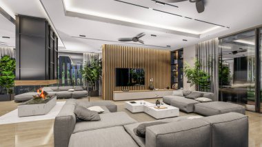 3d rendering of modern cozy interior with living,dining zone stair and kitchen for sale or rent with wood plank by the sea or ocean. Spacious apartments with expensive furniture,equipment and flowers