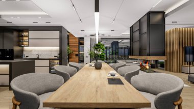 3d rendering of modern cozy interior with living,dining zone stair and kitchen for sale or rent with wood plank by the sea or ocean. Spacious apartments with expensive furniture,equipment and flowers