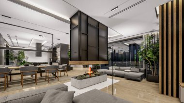 3d rendering of modern cozy interior with living,dining zone stair and kitchen for sale or rent with wood plank by the sea or ocean. Spacious apartments with expensive furniture,equipment and flowers