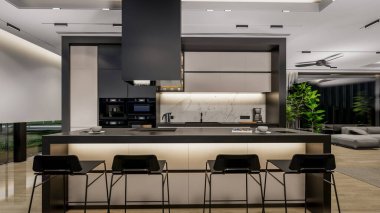 3d rendering of modern cozy interior with living,dining zone stair and kitchen for sale or rent with wood plank by the sea or ocean. Spacious apartments with expensive furniture,equipment and flowers