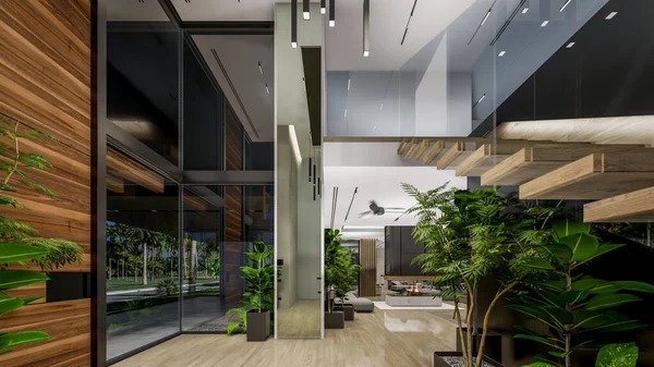 Rendering Modern Cozy Interior Living Dining Zone Stair Kitchen Sale — 스톡 사진