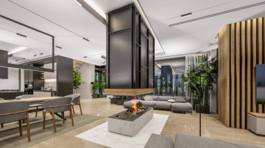 3d rendering of modern cozy interior with living,dining zone stair and kitchen for sale or rent with wood plank by the sea or ocean. Spacious apartments with expensive furniture,equipment and flowers