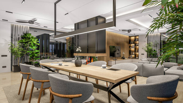 3d rendering of modern cozy interior with living,dining zone stair and kitchen for sale or rent with wood plank by the sea or ocean. Spacious apartments with expensive furniture,equipment and flowers