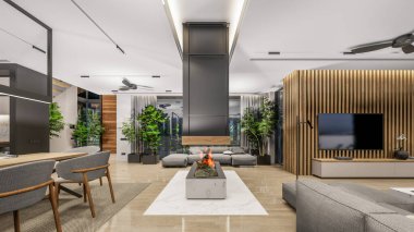 3d rendering of modern cozy interior with living,dining zone stair and kitchen for sale or rent with wood plank by the sea or ocean. Spacious apartments with expensive furniture,equipment and flowers