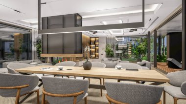 3d rendering of modern cozy interior with living,dining zone stair and kitchen for sale or rent with wood plank by the sea or ocean. Spacious apartments with expensive furniture,equipment and flowers