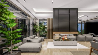 3d rendering of modern cozy interior with living,dining zone stair and kitchen for sale or rent with wood plank by the sea or ocean. Spacious apartments with expensive furniture,equipment and flowers