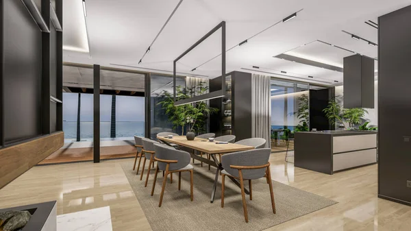 Rendering Modern Cozy Interior Living Dining Zone Stair Kitchen Sale — Stok Foto