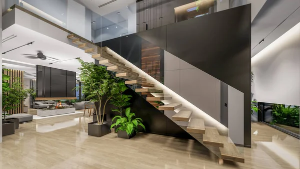 Rendering Modern Cozy Interior Living Dining Zone Stair Kitchen Sale — Stockfoto