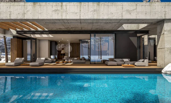 Rendering Von Neuen Betonhaus Modernen Stil Mit Pool Und Parkplatz — Stockfoto