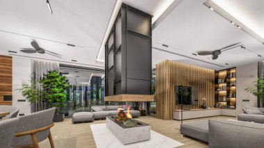 3d rendering of modern cozy interior with living,dining zone stair and kitchen for sale or rent with wood plank by the sea or ocean. Spacious apartments with expensive furniture,equipment and flowers