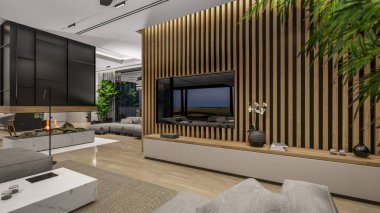 3d rendering of modern cozy interior with living,dining zone stair and kitchen for sale or rent with wood plank by the sea or ocean. Spacious apartments with expensive furniture,equipment and flowers