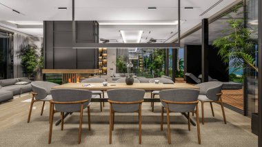 3d rendering of modern cozy interior with living,dining zone stair and kitchen for sale or rent with wood plank by the sea or ocean. Spacious apartments with expensive furniture,equipment and flowers