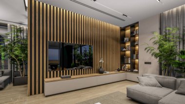 3d rendering of modern cozy interior with living,dining zone stair and kitchen for sale or rent with wood plank by the sea or ocean. Spacious apartments with expensive furniture,equipment and flowers