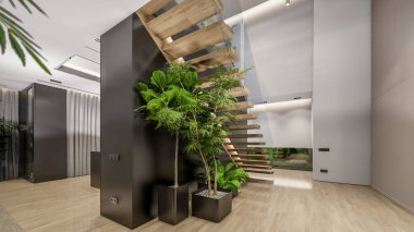 3d rendering of modern cozy interior with living,dining zone stair and kitchen for sale or rent with wood plank by the sea or ocean. Spacious apartments with expensive furniture,equipment and flowers