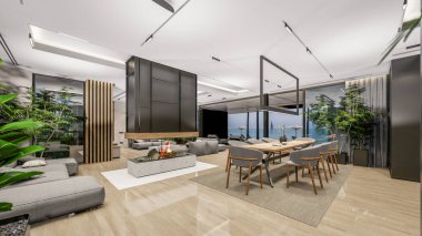 3d rendering of modern cozy interior with living,dining zone stair and kitchen for sale or rent with wood plank by the sea or ocean. Spacious apartments with expensive furniture,equipment and flowers