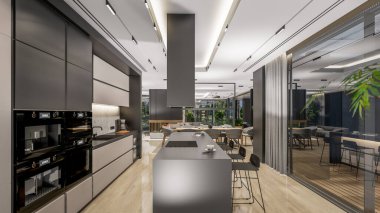 3d rendering of modern cozy interior with living,dining zone stair and kitchen for sale or rent with wood plank by the sea or ocean. Spacious apartments with expensive furniture,equipment and flowers