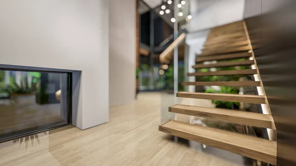 Rendering Modern Cozy Interior Living Dining Zone Stair Kitchen Sale — Fotografia de Stock