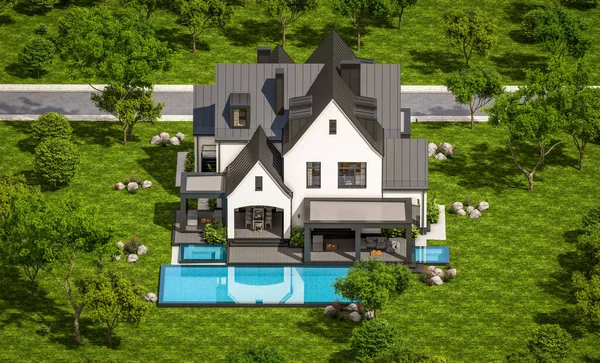 Renderização Bonito Aconchegante Branco Preto Moderno Tudor Casa Estilo Com — Fotografia de Stock