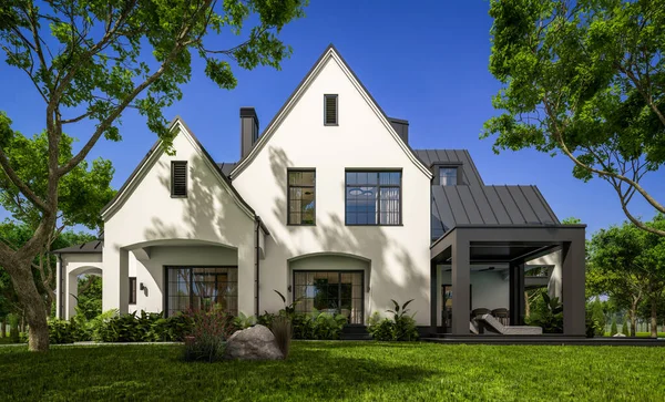 Representación Lindo Acogedor Blanco Negro Moderno Estilo Tudor Casa Con — Foto de Stock