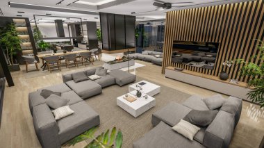 3d rendering of modern cozy interior with living,dining zone stair and kitchen for sale or rent with wood plank by the sea or ocean. Spacious apartments with expensive furniture,equipment and flowers
