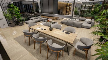 3d rendering of modern cozy interior with living,dining zone stair and kitchen for sale or rent with wood plank by the sea or ocean. Spacious apartments with expensive furniture,equipment and flowers
