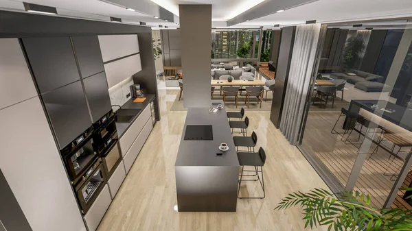 Rendering Modern Cozy Interior Living Dining Zone Stair Kitchen Sale — Stok fotoğraf