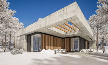Modern tarzda yeni beton bir ev, havuz, park yeri ya da kira ve arka planda güzel bir peyzaj. Evin sadece bir katı var. Parlak beyaz karlı serin bir kış günü.