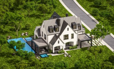Üç boyutlu şirin, beyaz ve siyah, modern Tudor tarzı bir ev. Park yeri ve havuzu satılık ya da güzel peyzajlı. Peri çatıları. Mavi gökyüzü açık güneşli bir yaz günü.