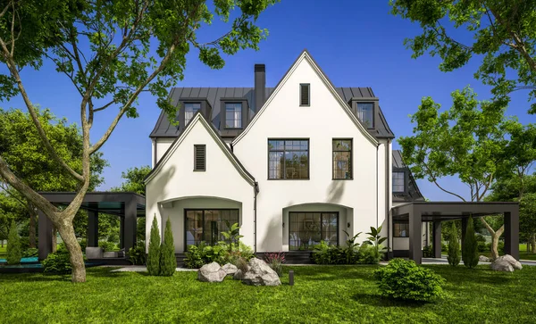 Renderelés Aranyos Hangulatos Fehér Fekete Modern Tudor Stílusú Ház Parkoló — Stock Fotó