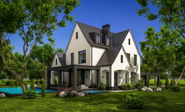 Renderização Bonito Aconchegante Branco Preto Moderno Tudor Casa Estilo Com — Fotografia de Stock