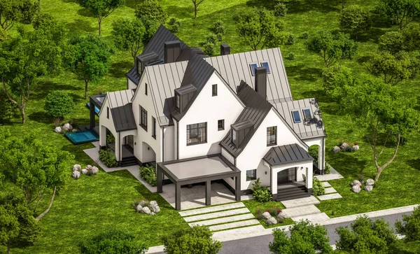 Rendering Van Leuke Gezellige Witte Zwarte Moderne Tudor Stijl Huis — Stockfoto