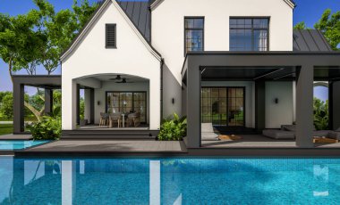 Üç boyutlu şirin, beyaz ve siyah, modern Tudor tarzı bir ev. Park yeri ve havuzu satılık ya da güzel peyzajlı. Peri çatıları. Mavi gökyüzü açık güneşli bir yaz günü.