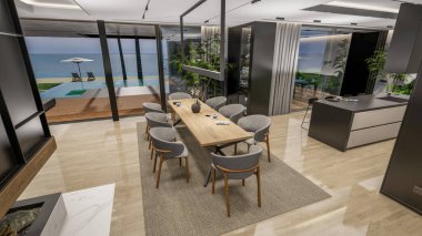3d rendering of modern cozy interior with living,dining zone stair and kitchen for sale or rent with wood plank by the sea or ocean. Spacious apartments with expensive furniture,equipment and flowers