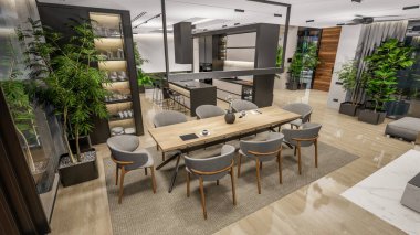 3d rendering of modern cozy interior with living,dining zone stair and kitchen for sale or rent with wood plank by the sea or ocean. Spacious apartments with expensive furniture,equipment and flowers