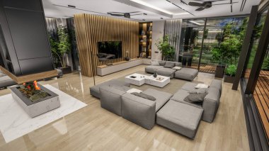 3d rendering of modern cozy interior with living,dining zone stair and kitchen for sale or rent with wood plank by the sea or ocean. Spacious apartments with expensive furniture,equipment and flowers