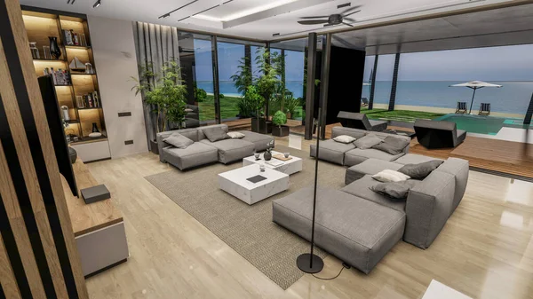 Rendering Modern Cozy Interior Living Dining Zone Stair Kitchen Sale — Foto de Stock