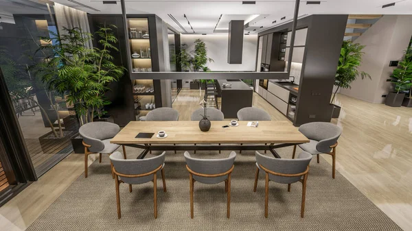 Rendering Modern Cozy Interior Living Dining Zone Stair Kitchen Sale — Stock Fotó