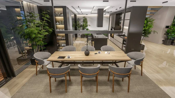 3d rendering of modern cozy interior with living,dining zone stair and kitchen for sale or rent with wood plank by the sea or ocean. Spacious apartments with expensive furniture,equipment and flowers
