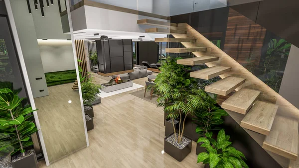 Rendering Modern Cozy Interior Living Dining Zone Stair Kitchen Sale — Photo