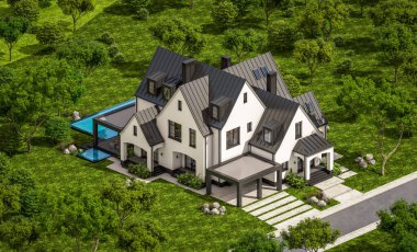 Üç boyutlu şirin, beyaz ve siyah, modern Tudor tarzı bir ev. Park yeri ve havuzu satılık ya da güzel peyzajlı. Peri çatıları. Mavi gökyüzü açık güneşli bir yaz günü.