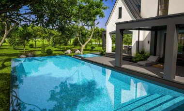 Üç boyutlu şirin, beyaz ve siyah, modern Tudor tarzı bir ev. Park yeri ve havuzu satılık ya da güzel peyzajlı. Peri çatıları. Mavi gökyüzü açık güneşli bir yaz günü.